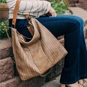 Free People Tan Woven Leather Hobo Bag